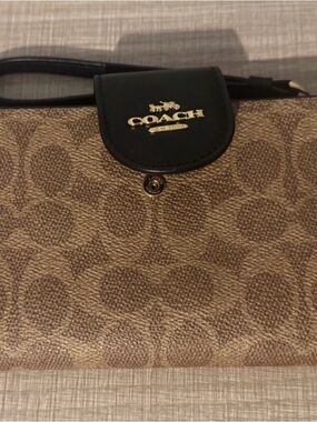 Coach Brown Signature Canvas Wristlet with Black Trim